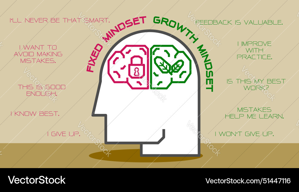 Difference between a fixed vs growth mindset vector image
