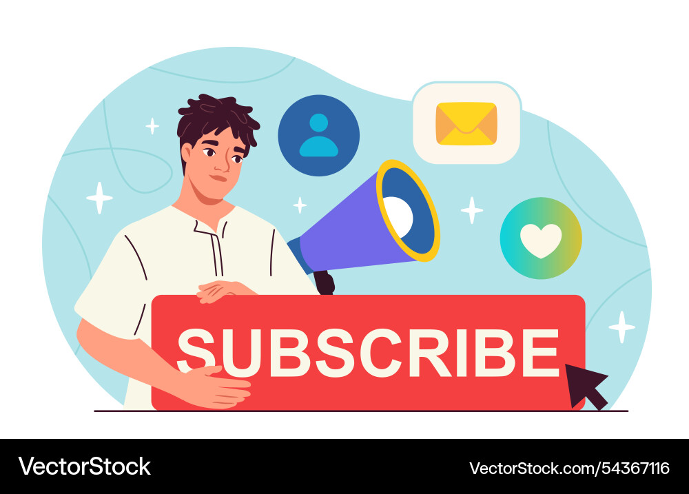 Man with subscribe button guy near loudspeaker Vector Image