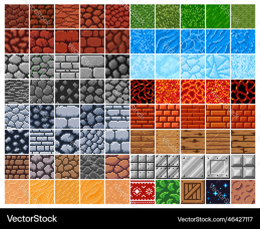 Retro 8 bit pixel surface patterns stone bricks Retro 8 bit pixel surface patterns stone bricks vector image