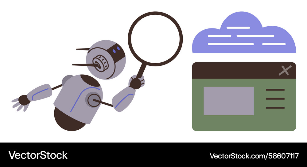 Robot analyzing cloud-based data through Robot analyzing cloud-based data through Vector Image