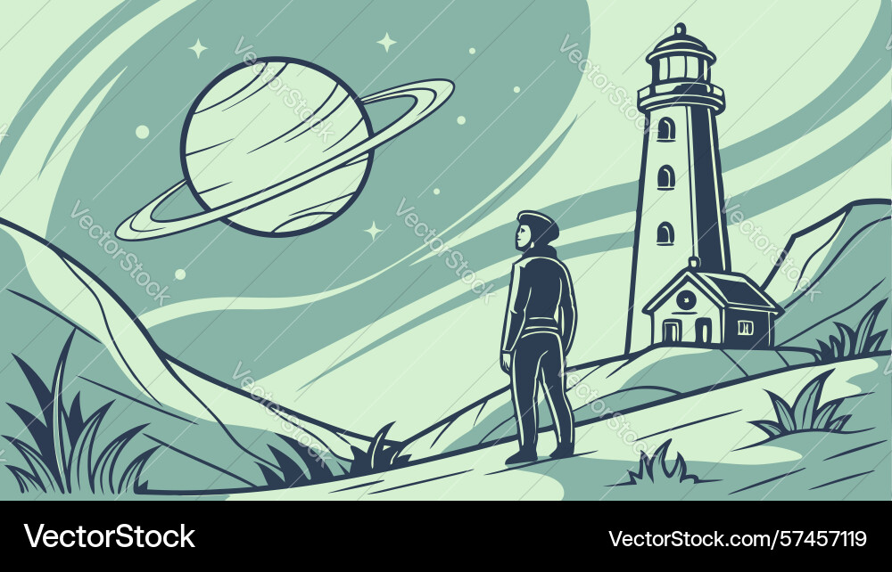 Lighthouse and planet cosmic navigation design Vector Image