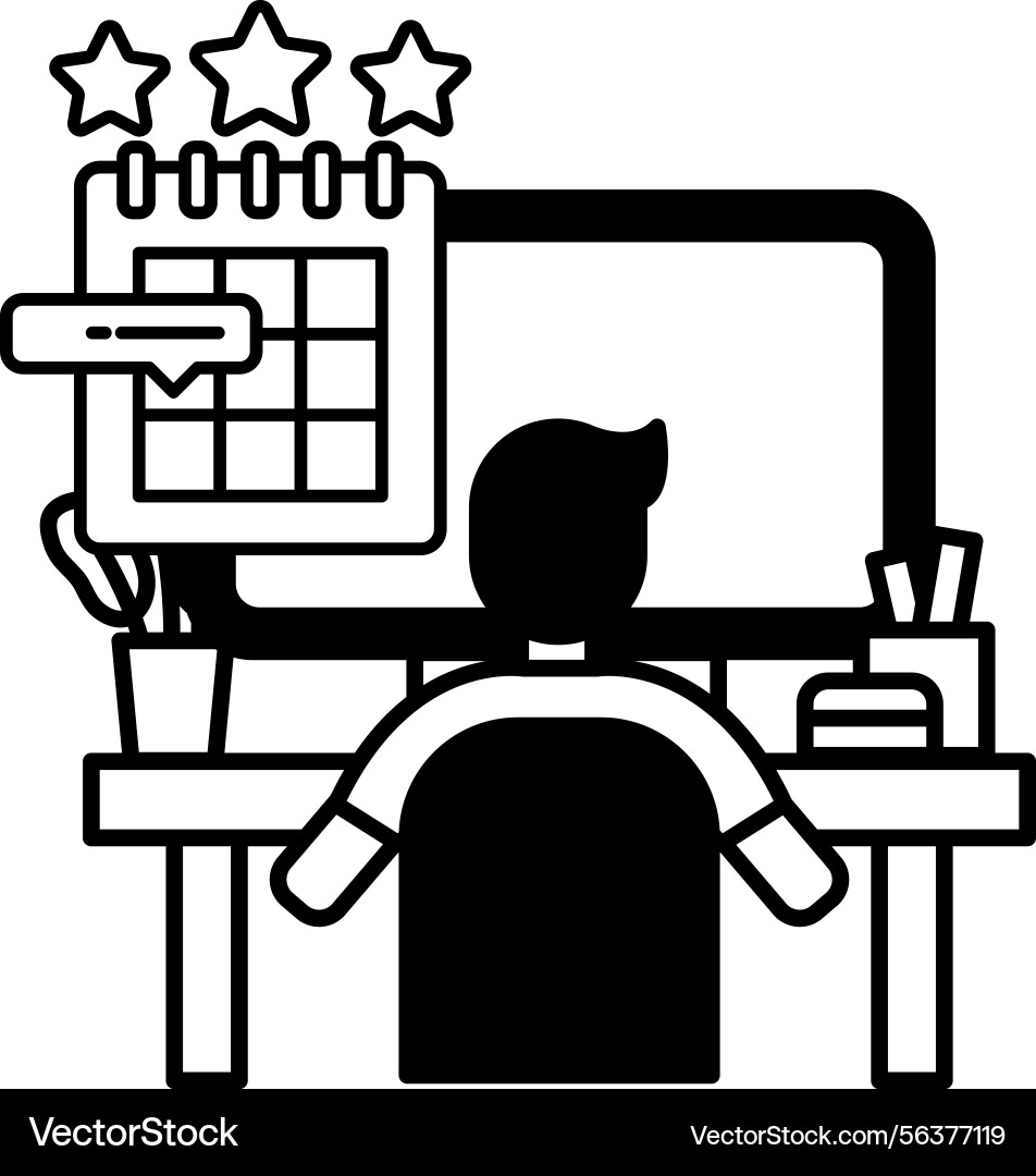 Man is sitting at a desk with computer monitor Man is sitting at a desk with computer monitor vector image