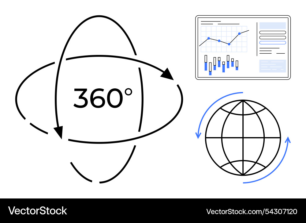360-degree view concept with rotating globe data 360-degree view concept with rotating globe data Vector Image