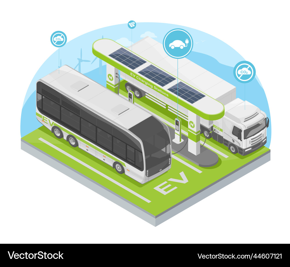 Ev bus semi trailer solar cell power ecology Ev bus semi trailer solar cell power ecology Vector Image