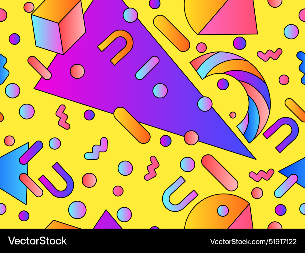 Geometric seamless pattern with 3d shapes in 80s Geometric seamless pattern with 3d shapes in 80s Vector Image