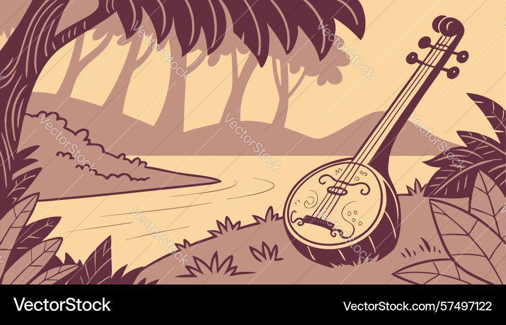 Stringed instrument in forest clearing with tree vector image