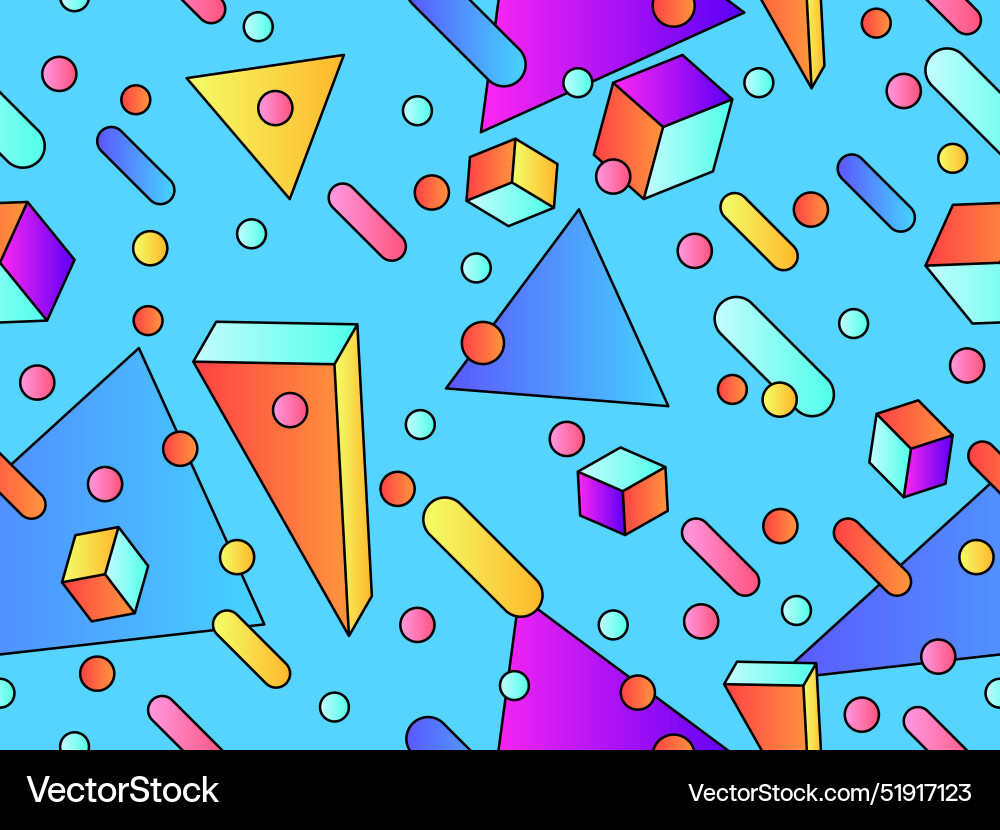 Geometric seamless pattern with 3d shapes in 80s Geometric seamless pattern with 3d shapes in 80s vector image