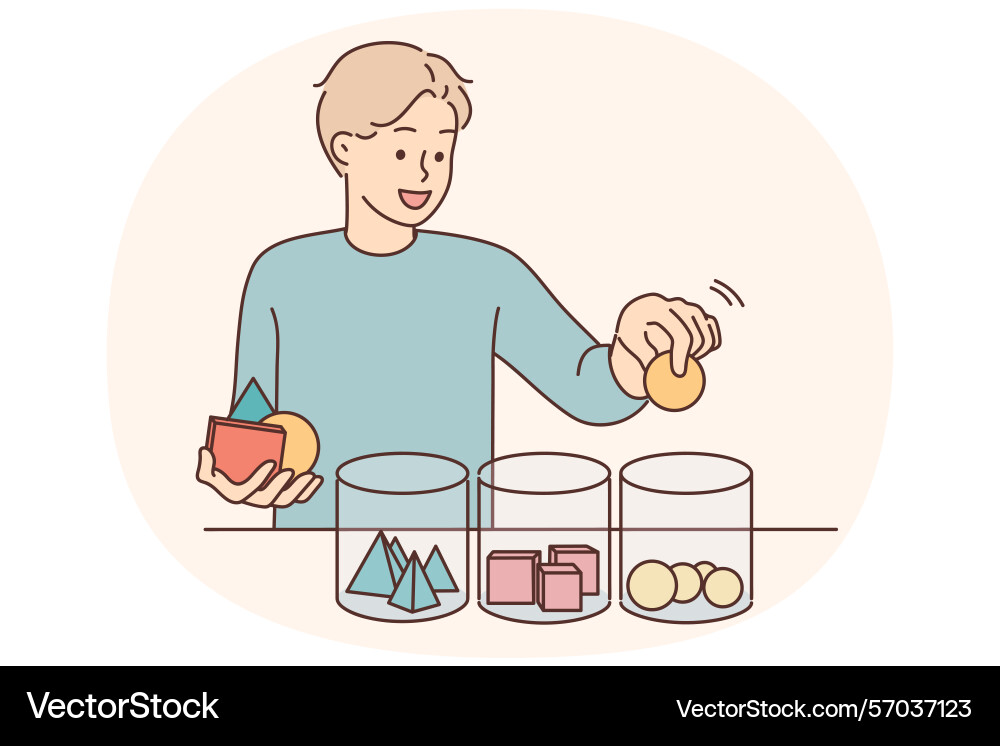 Smiling child sort geometric figures in jars Smiling child sort geometric figures in jars vector image