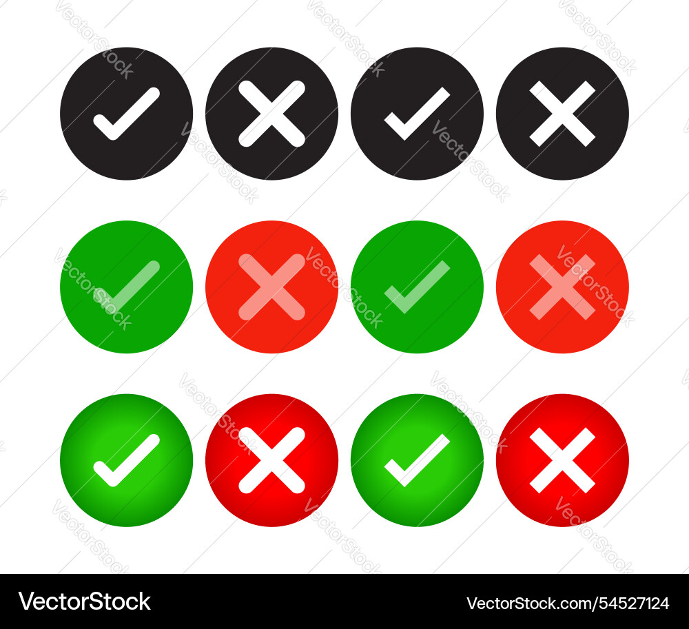 Green approval check mark and red wrong buttons Green approval check mark and red wrong buttons vector image