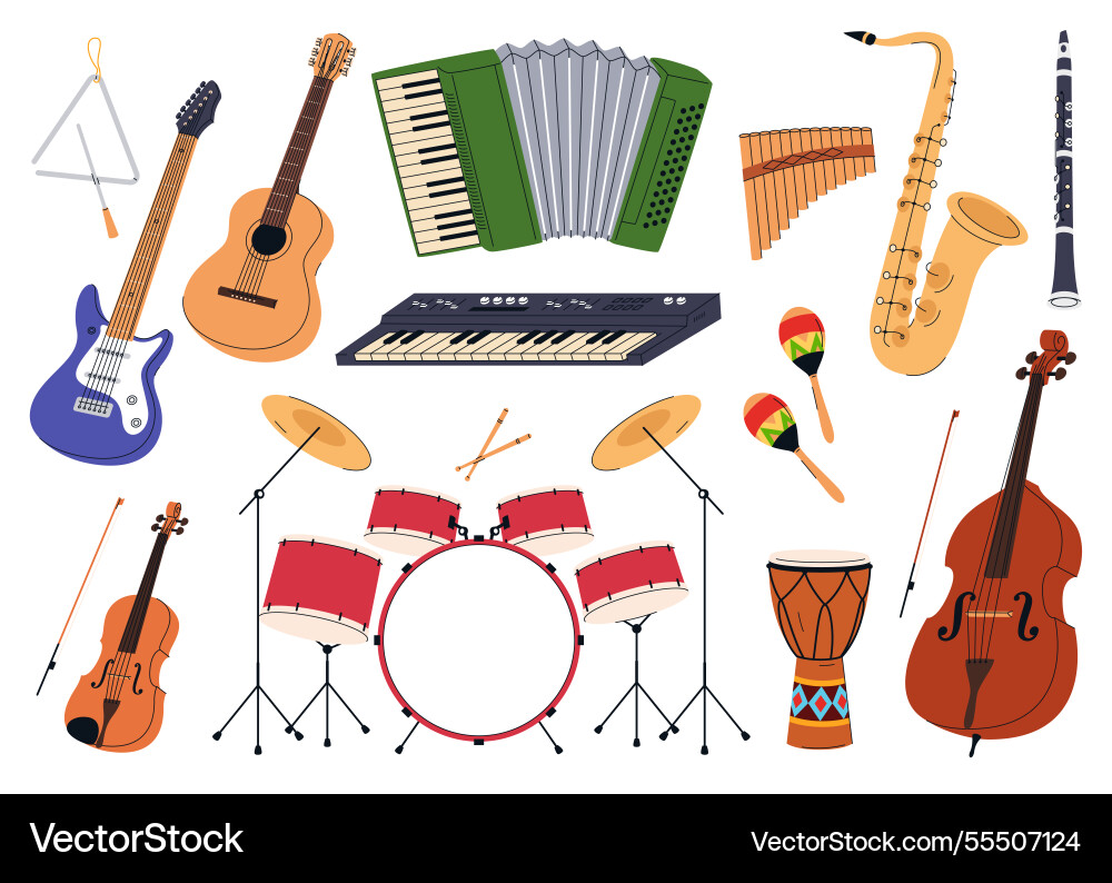 Set of musical instruments stringed wind Set of musical instruments stringed wind vector image