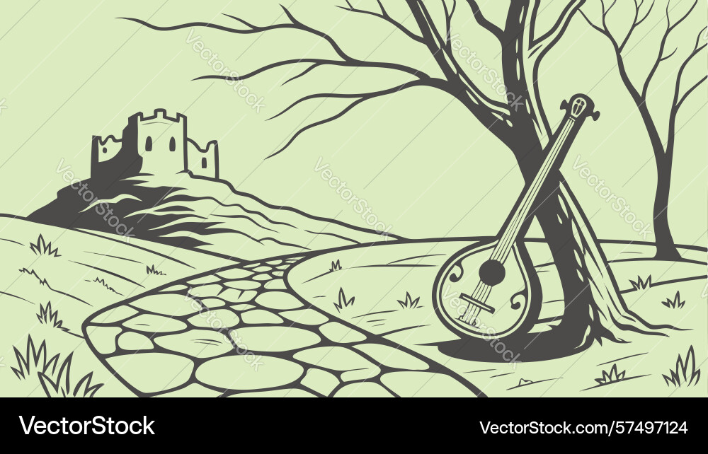 Stringed instrument on cobblestone path leading vector image