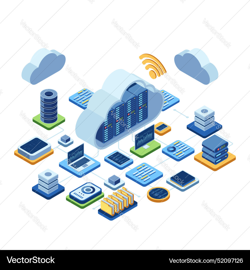 Isometric cloud computing technology with data Isometric cloud computing technology with data vector image