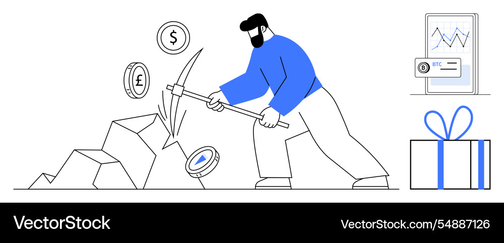 Man mining cryptocurrency with pickaxe next Man mining cryptocurrency with pickaxe next vector image