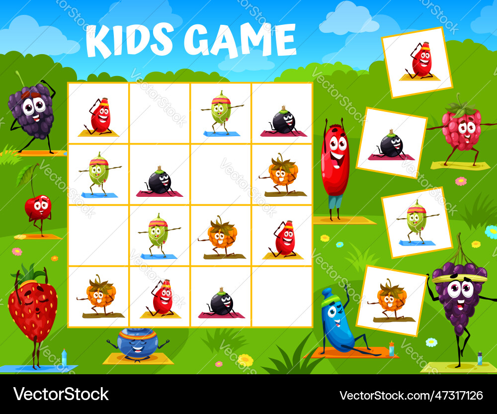 Sudoku game worksheet with funny berry characters Sudoku game worksheet with funny berry characters vector image