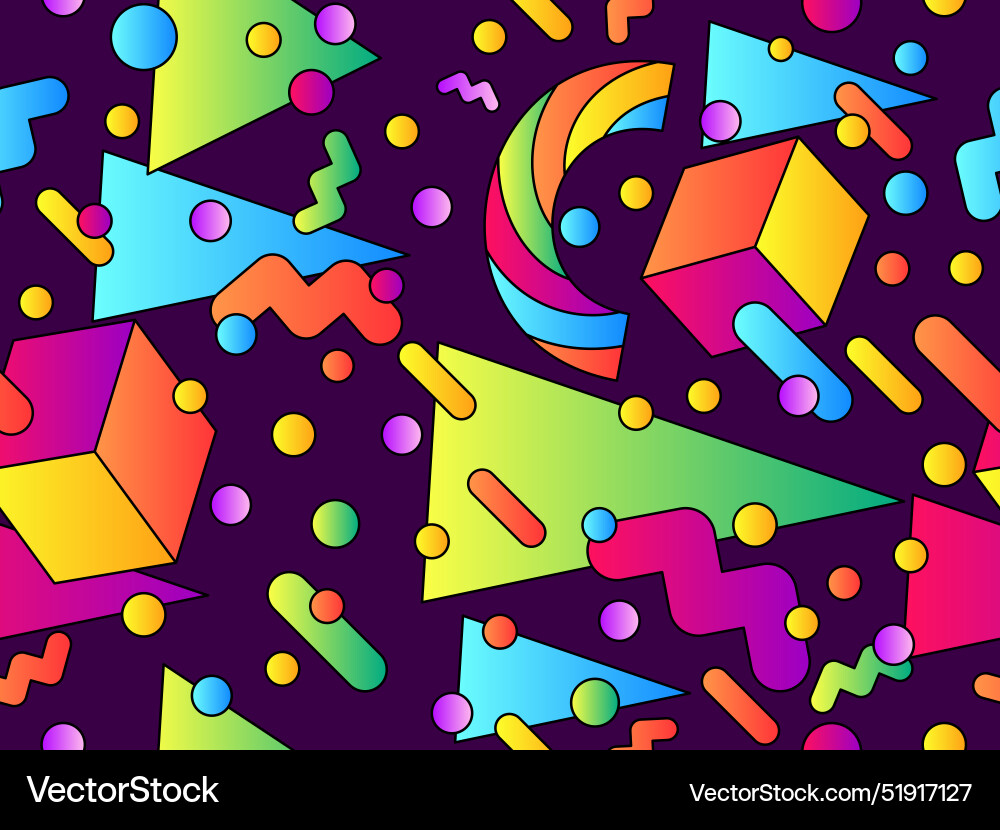 Geometric seamless pattern with 3d shapes in 80s Geometric seamless pattern with 3d shapes in 80s vector image