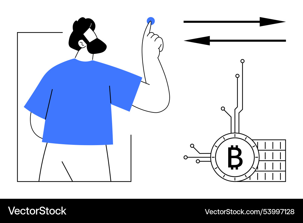 Man initiating bitcoin transaction with finger Man initiating bitcoin transaction with finger vector image