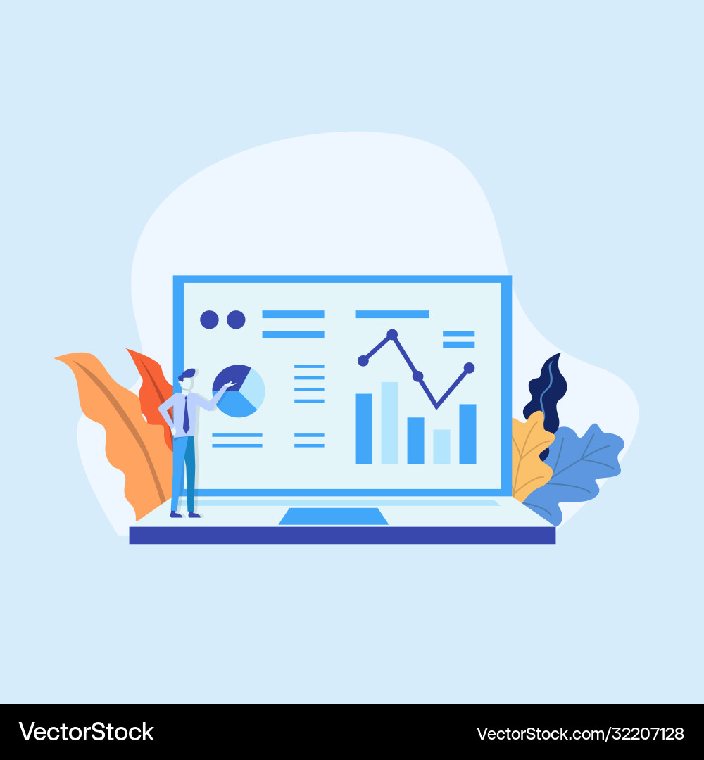 Statistics charts analysis on computer screen vector image