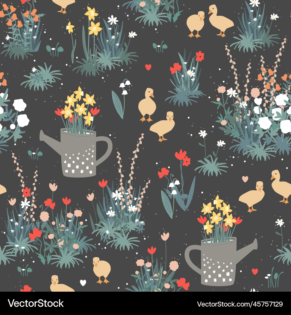 Cute gosling in a spring garden seamless pattern vector image