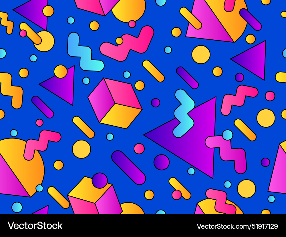 Geometric seamless pattern with 3d shapes in 80s Geometric seamless pattern with 3d shapes in 80s vector image