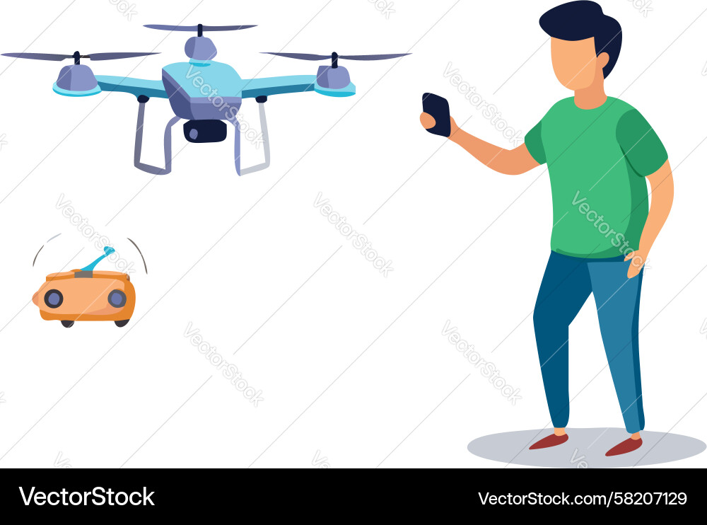Man Controlling Drone with Smartphone Vector Image