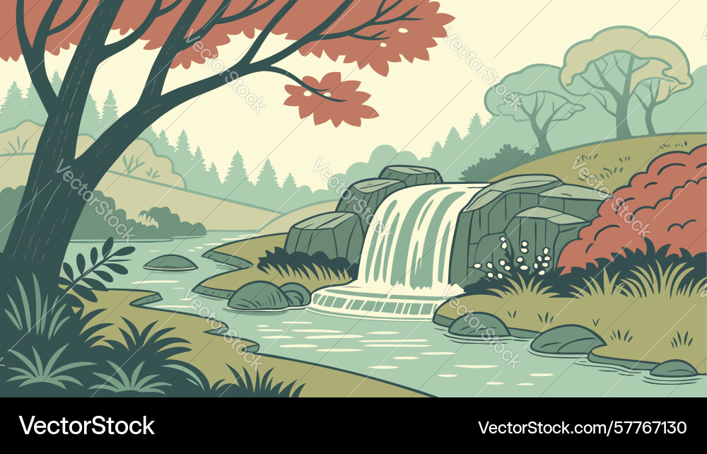 Dynamic waterfall cascading into a rocky stream Vector Image