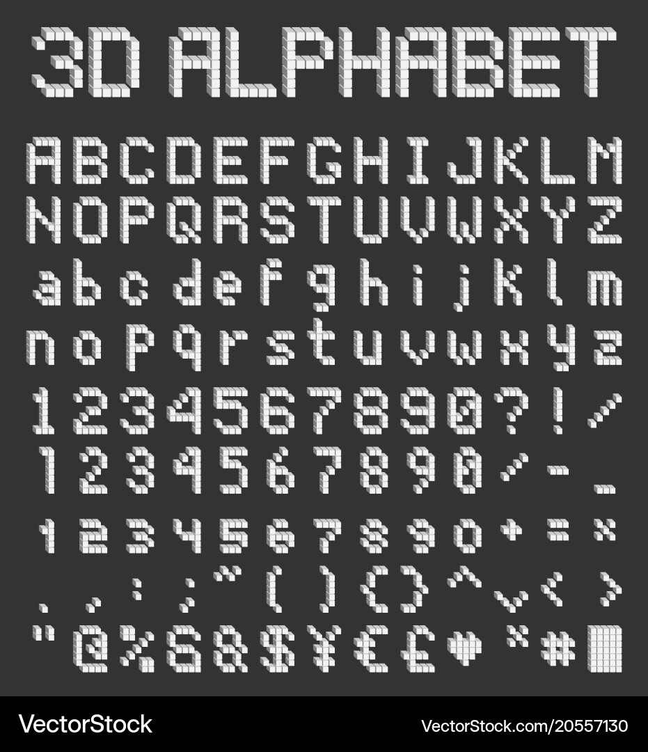 Pixel block alphabet 3d retro font vector image