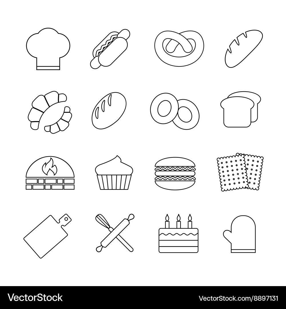 Bread and bakery outline linear icons set vector image