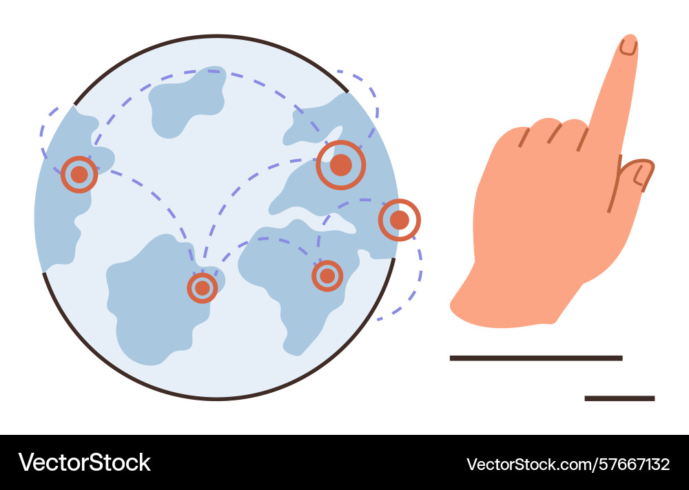 Hand pointing at global network with connected vector image