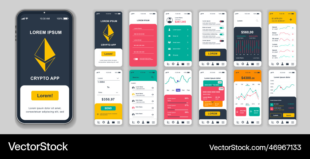 Crypto mobile app screens set for web templates Crypto mobile app screens set for web templates vector image