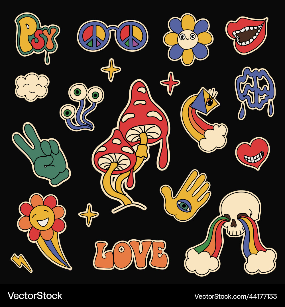 Hippie stickers cartoon psychedelic characters Hippie stickers cartoon psychedelic characters vector image
