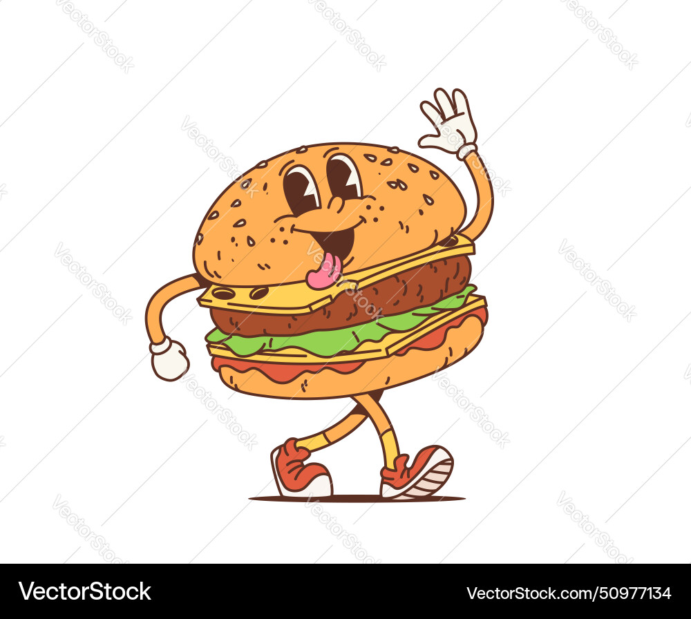 Cartoon retro cheeseburger groovy funky character Cartoon retro cheeseburger groovy funky character vector image
