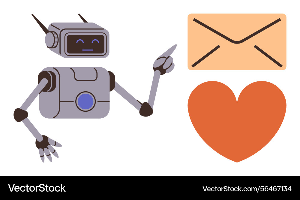 Friendly robot gesturing towards message envelope Friendly robot gesturing towards message envelope vector image