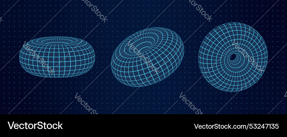 3d wireframe mesh toruses on grid background 3d wireframe mesh toruses on grid background Vector Image