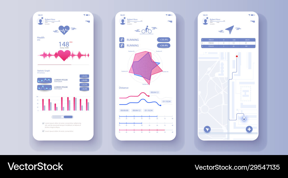 Different ui ux gui screens fitness app and flat vector image