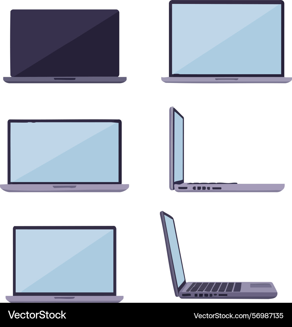 Laptop computer front back side and angled views Laptop computer front back side and angled views vector image