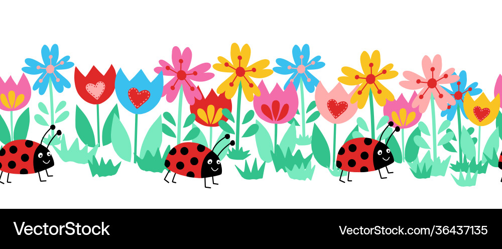 Seamless kids border ladybugs and flowers vector image