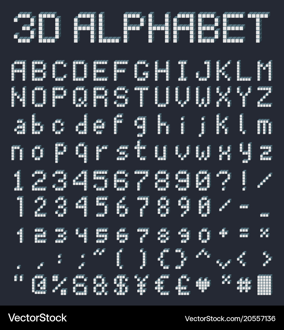 3d pixel alphabet retro game style font vector image
