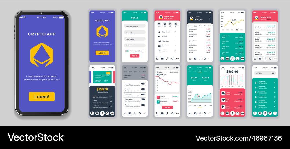 Crypto mobile app screens set for web templates Crypto mobile app screens set for web templates vector image