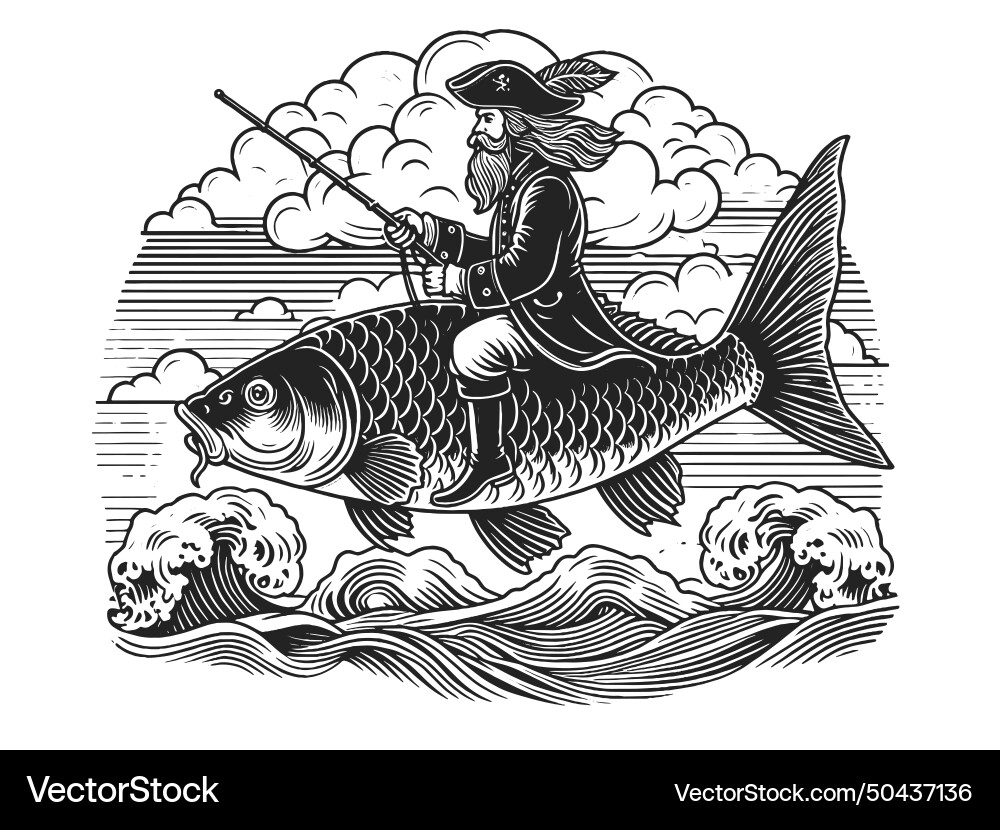 Pirate Captain Riding Fish Sketch Royalty Free Vector Image
