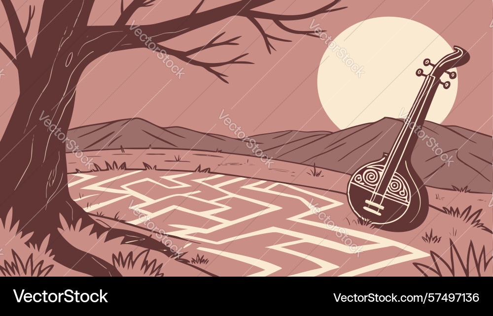 Stringed instrument in complex maze-like vector image
