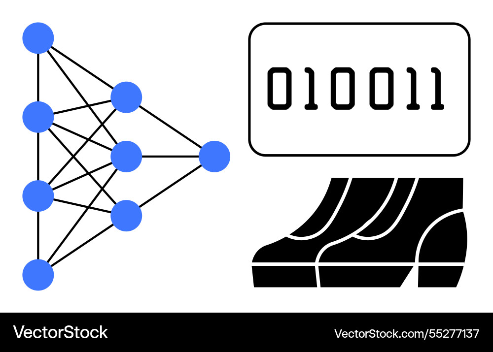 Neural network diagram with binary code Neural network diagram with binary code vector image