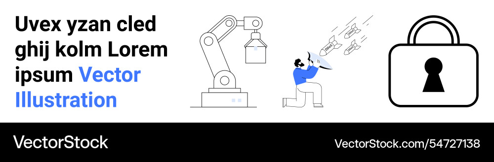Robotic arm generating data as person analyzes Robotic arm generating data as person analyzes vector image