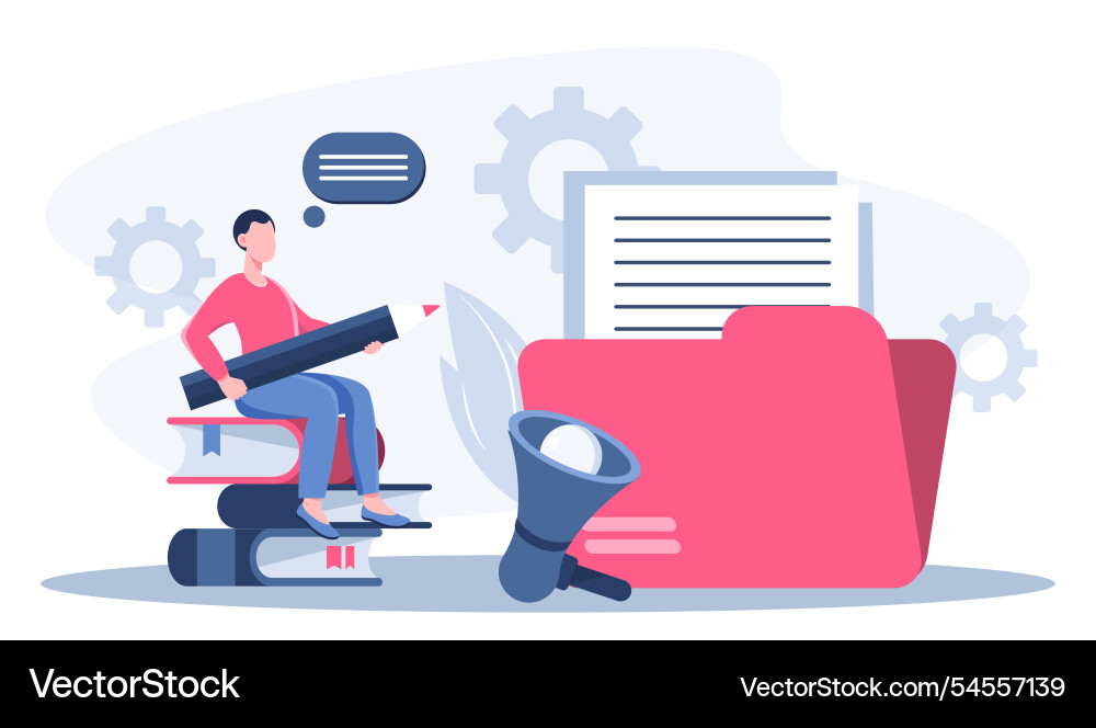 Man add files young guy with pencil sits on file Vector Image