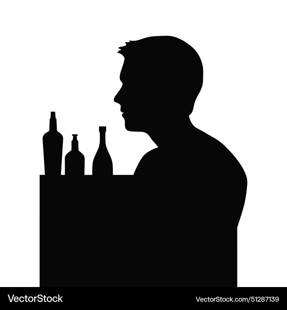 Man at bar counter silhouette with bottles Vector Image