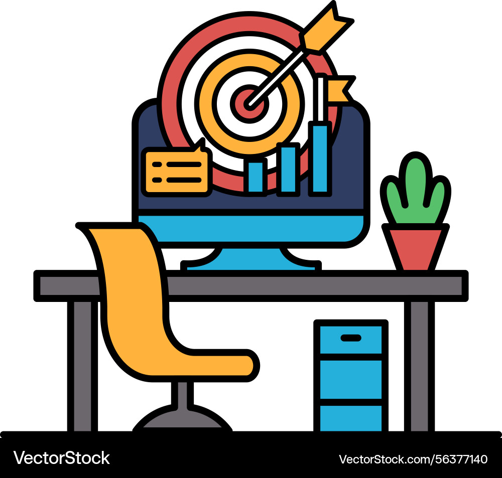A computer monitor with red bullseye on it sits A computer monitor with red bullseye on it sits vector image