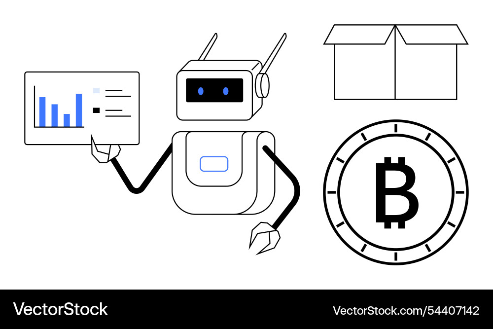 Robot holding data chart bitcoin symbol Robot holding data chart bitcoin symbol vector image
