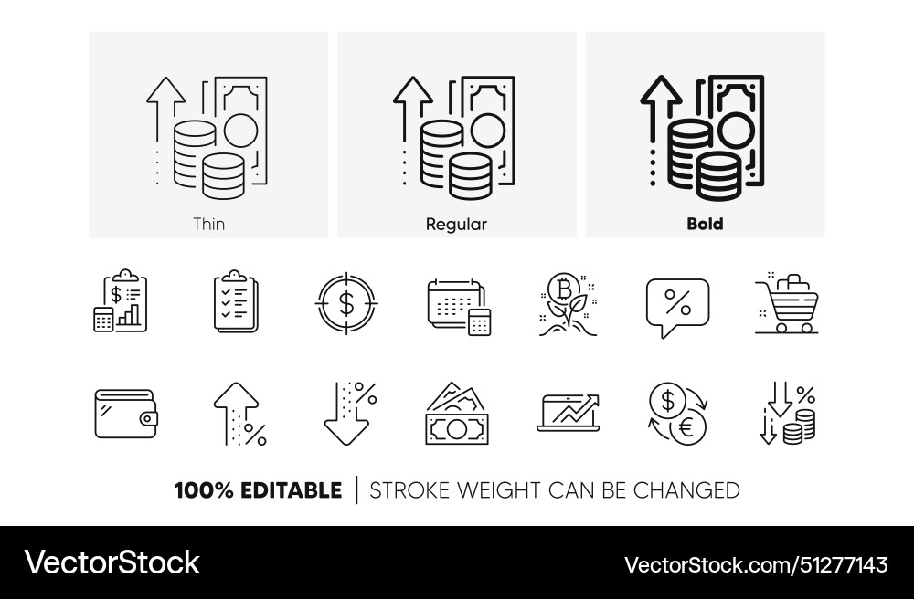 Inflation bitcoin project and report line icons Inflation bitcoin project and report line icons vector image