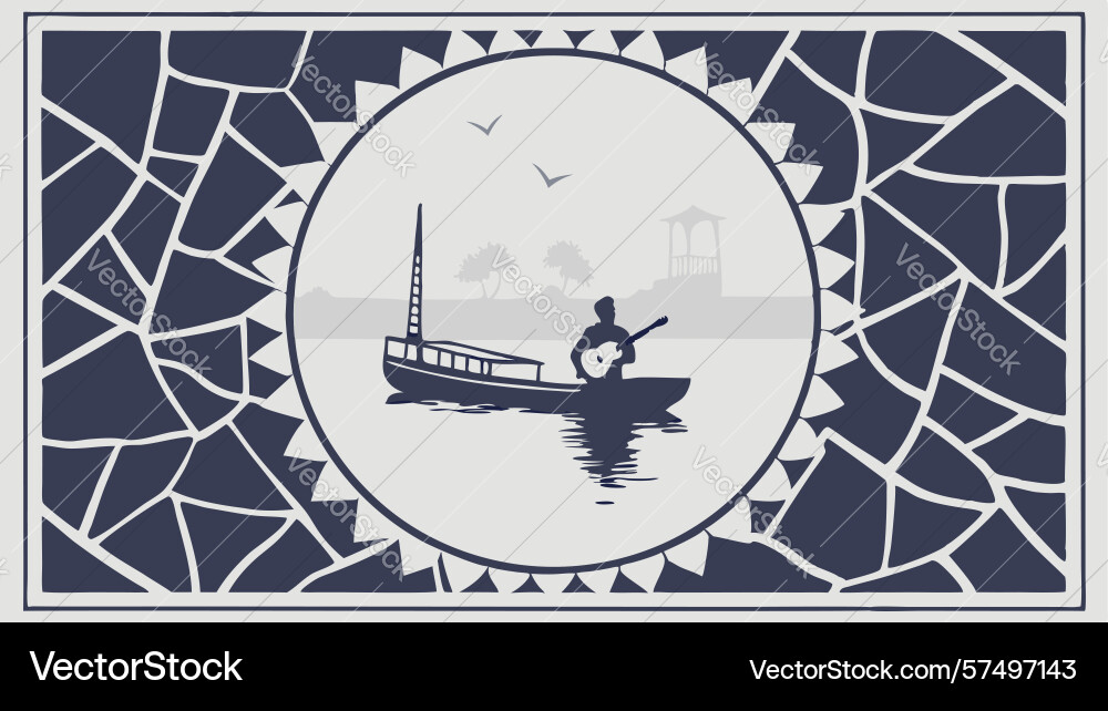 Stringed instrument in circular frame with boat vector image
