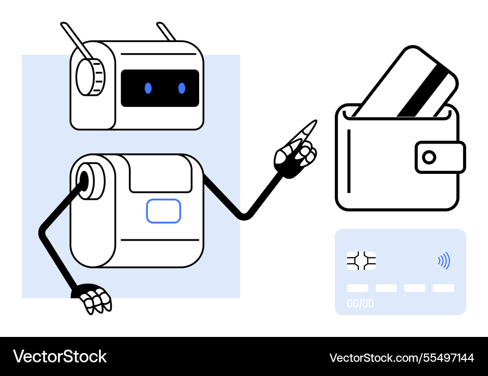 Robot pointing towards credit card and wallet Robot pointing towards credit card and wallet vector image