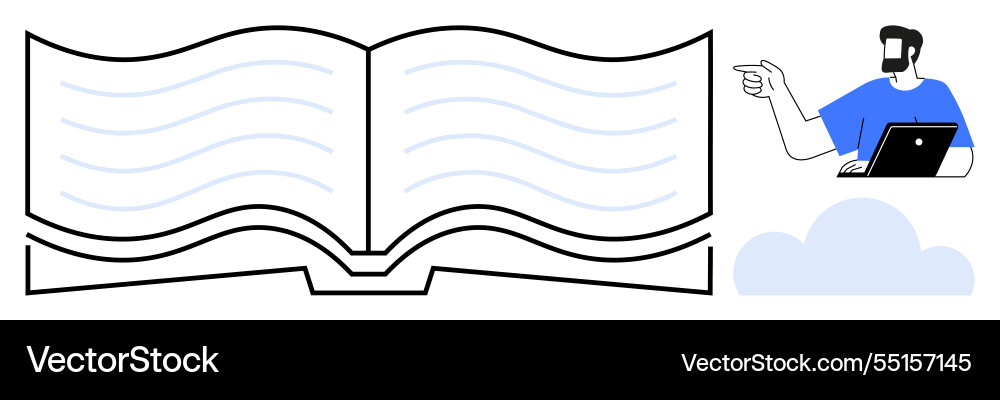 Man with laptop presenting ideas next to an open Vector Image